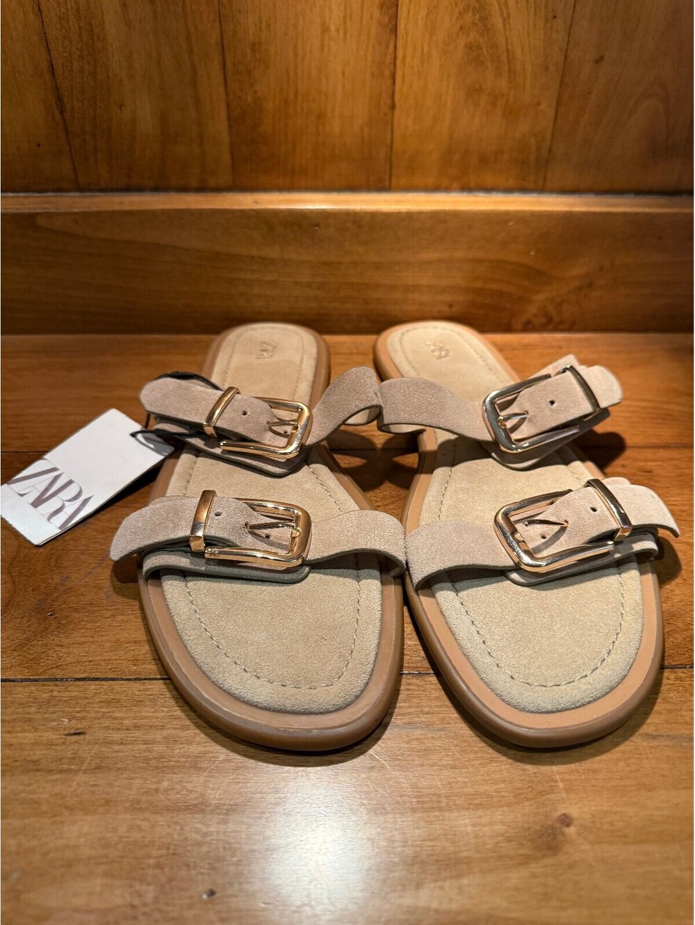 New Zara Beige Suede Buckled Slide Sandals Women's Size 9 - Picture 4 of 9